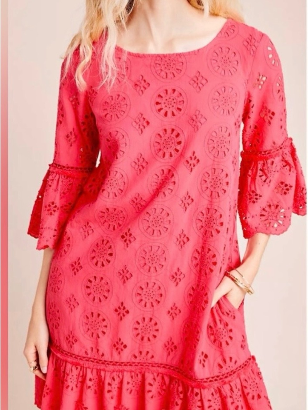 Anthropologie Pink Eyelet Ruffle Mini Dress